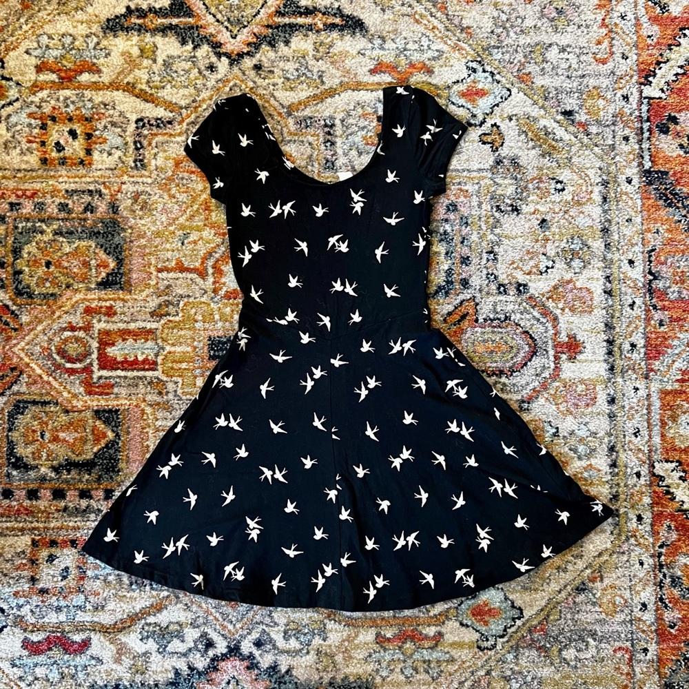 Black skater dress (fit and flare) with dove print